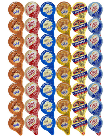 48 Assorted Coffee Creamer Singles Pack - 6 Flavored Variety Bundle, Including Caramel Macchiato, Half & Half, French Vanilla, a