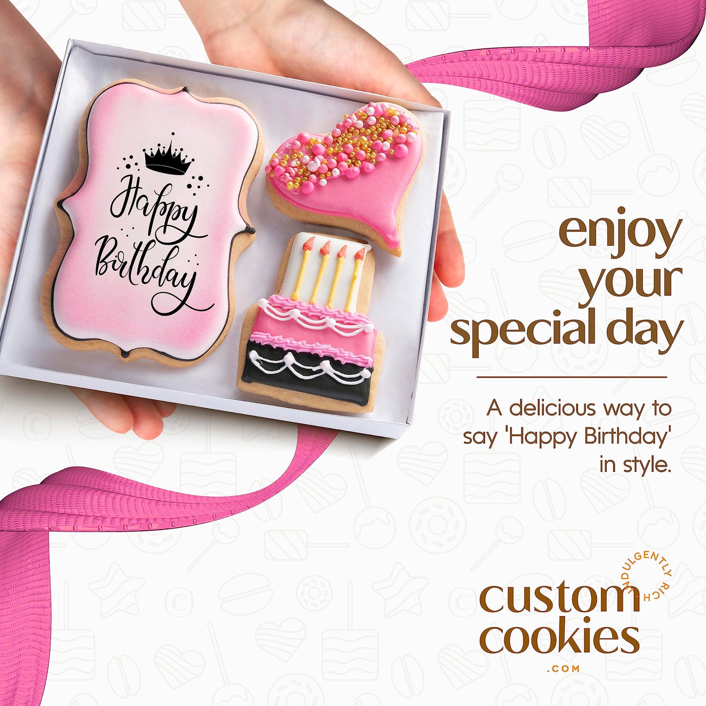 Custom Cookies Happy Birthday Gift Basket - Hand Decorated Sugar Cookies in Gift Box, Kosher Treats for Women and Her