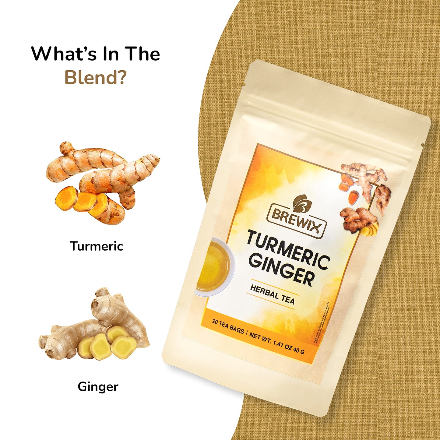 BREWIX Turmeric Ginger Herbal Tea Bags - 20 Pyramid Bags, Naturally Caffeine Free, Pure Herbal Blend, Resealable Ziplock Pouch