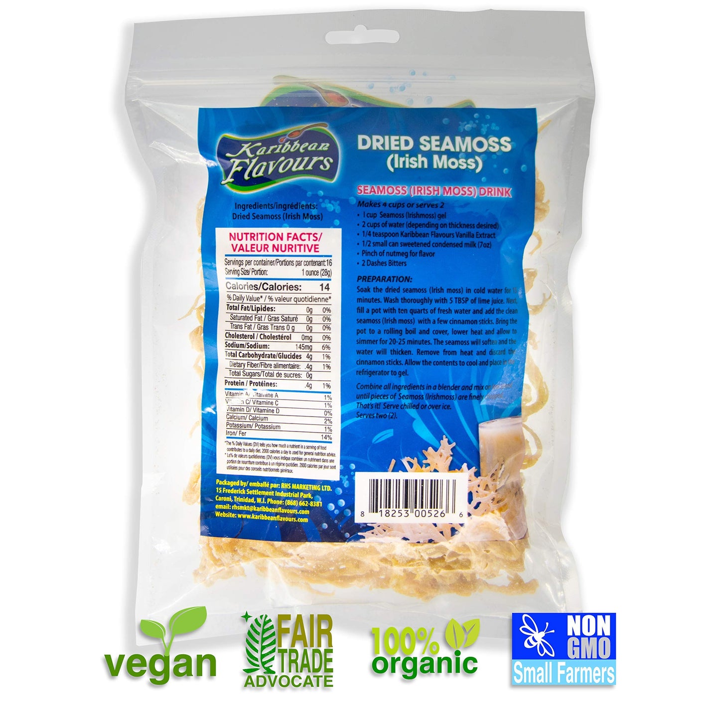 KARIBBEAN FLAVOURS Premium Irish Moss Superfood, 8 Oz, Non-GMO, Organic, Vegan, Hand Picked, Sun Dried
