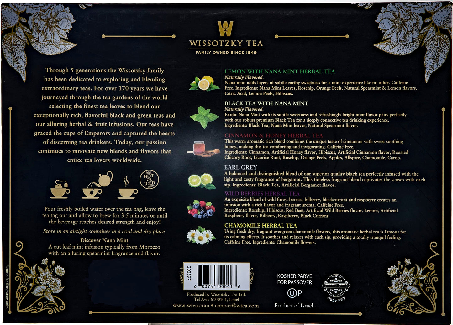 Wissotzky Artisinal Tea Chest Box, Artisan Collection Assorted Artisan Tea Bags (42 Individually Wrapped Tea Bags, 6 Flavors) Gr