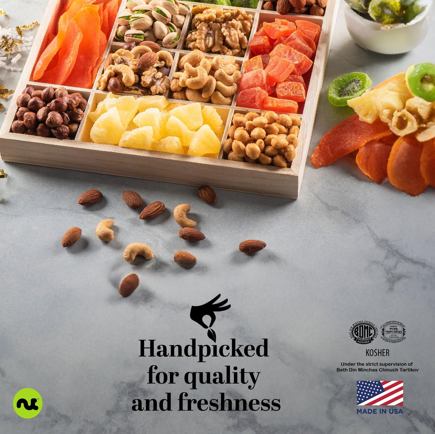 NUT CRAVINGS - Holiday Xmas Christmas Dried Fruit & Mixed Nuts Gift Basket in Reusable Wooden Tray + Ribbon (12 Assortments) Food Arrangement  Healthy Snack Care Package