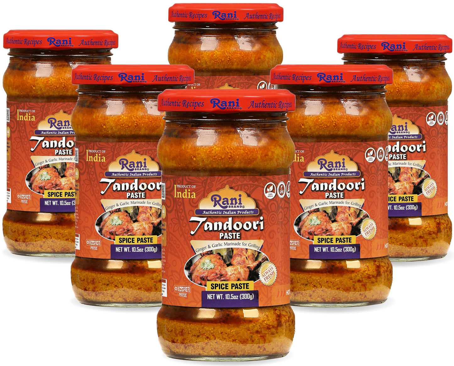 Rani Tandoori Paste (No Colors) 10.5Oz (300G) Glass Jar, Pack Of 5+1 Free ~ For Tandoori Chicken, Chicken Tikka, Paneer Tikka |