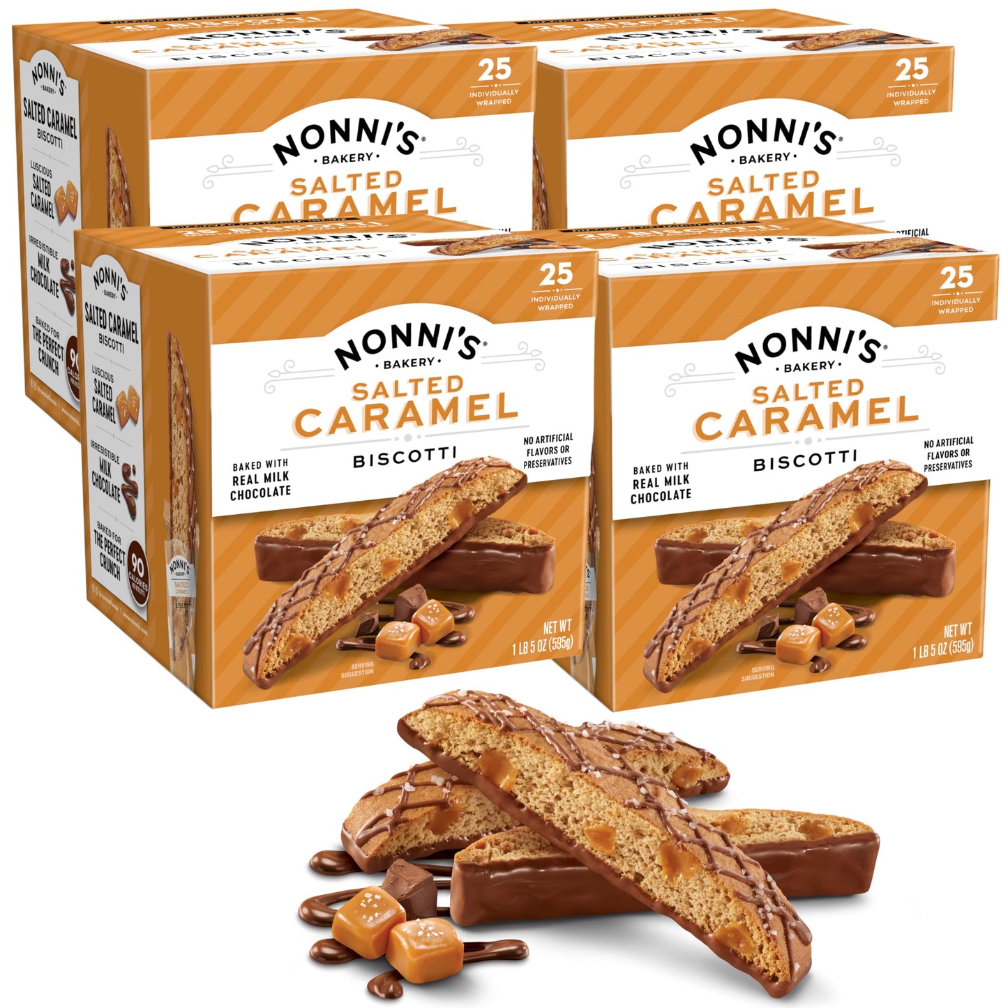 Nonnis Salted Caramel Milk Chocolate Biscotti Cookies - Individually Wrapped Italian Coffee Snack, Crunchy Twice-Baked, 90 Cal 