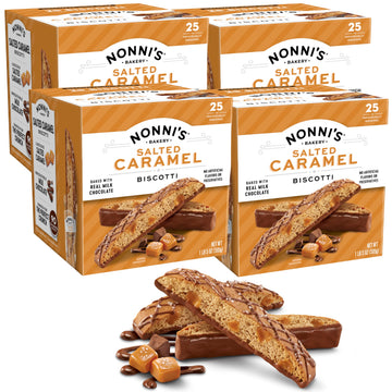 Nonnis Salted Caramel Milk Chocolate Biscotti Cookies - Individually Wrapped Italian Coffee Snack, Crunchy Twice-Baked, 90 Cal 