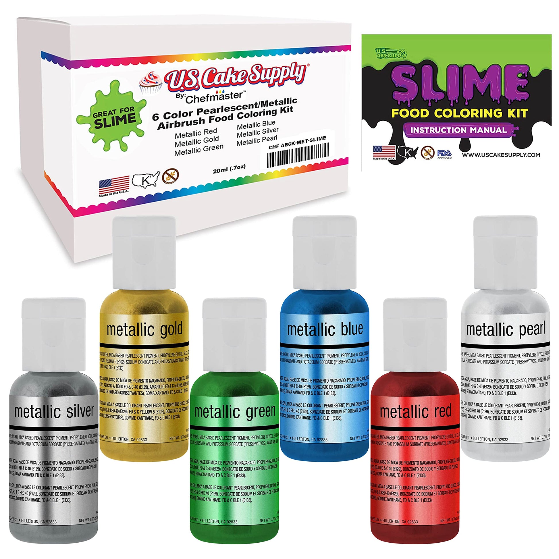 6 Metallic Colors Airbrush Food Coloring Decorating Slime Kit - U.S. Art Supply Food Grade, 0.75 fl. oz. (20ml) Bottles, Non-Tox