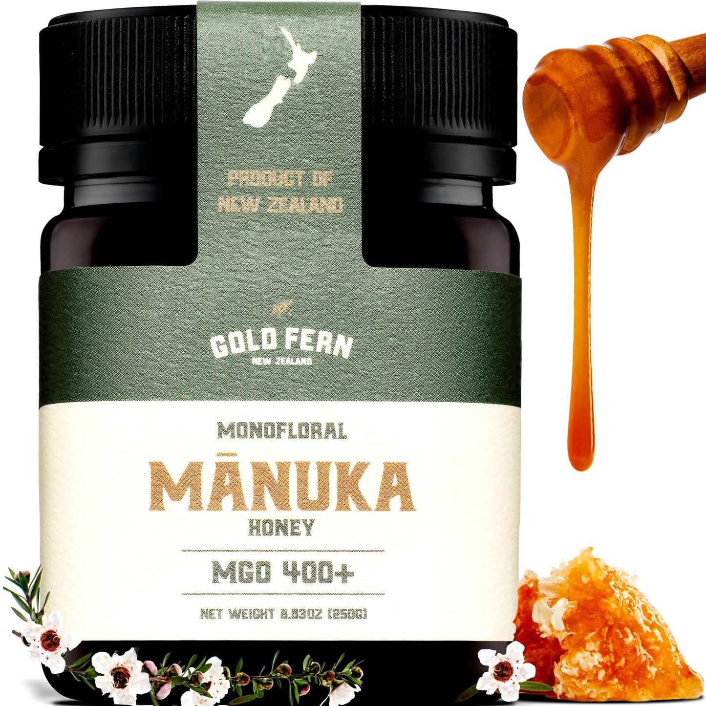 Gold Fern Honey - Raw New Zealand Manuka Honey Medical Grade | 8.8oz Monofloral MGO 400+ | Pure, Natural, Unpasteurized, Unfilte