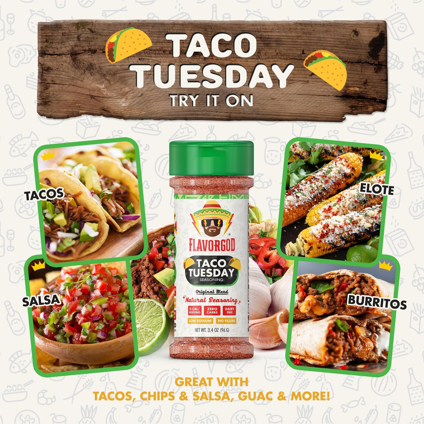 Flavor God 2 Bottles Taco Tuesday Seasoning Mix Natural Healthy Spice Blend For Grilling Chicken, Beef, Seafood, Vegetables, Sal
