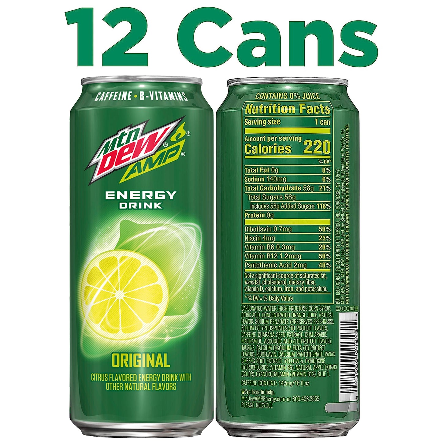 Mountain Dew AMP Energy Drink, Original, Caffeine & B Vitamins, 16 fl oz, Pack of 12, Yellow