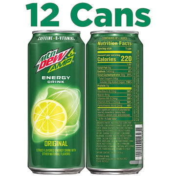 Mountain Dew AMP Energy Drink, Original, Caffeine & B Vitamins, 16 fl oz, Pack of 12, Yellow