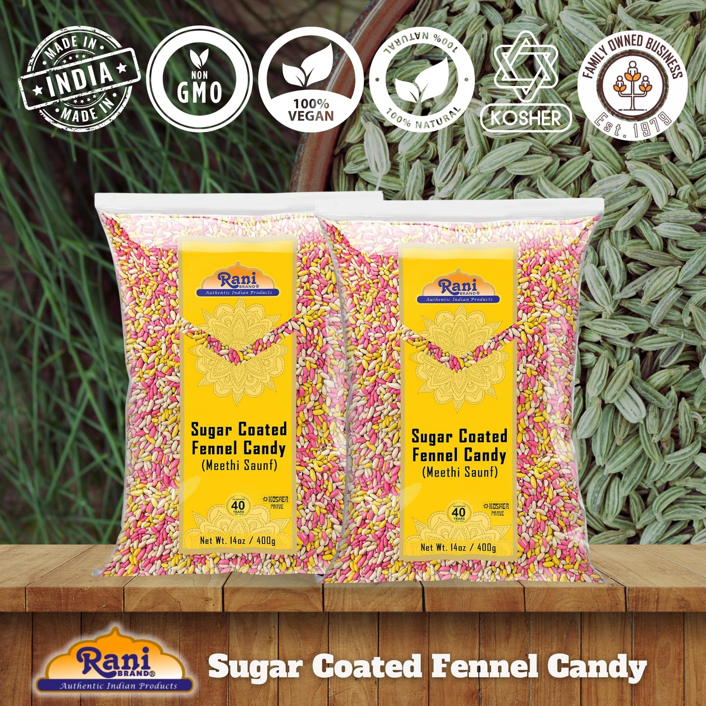 Rani Sugar Coated Fennel Candy 14oz (400g) - [Pack of 2 / 800g 28oz total] ~ Indian After Meal Digestive Treat | Vegan | Gluten