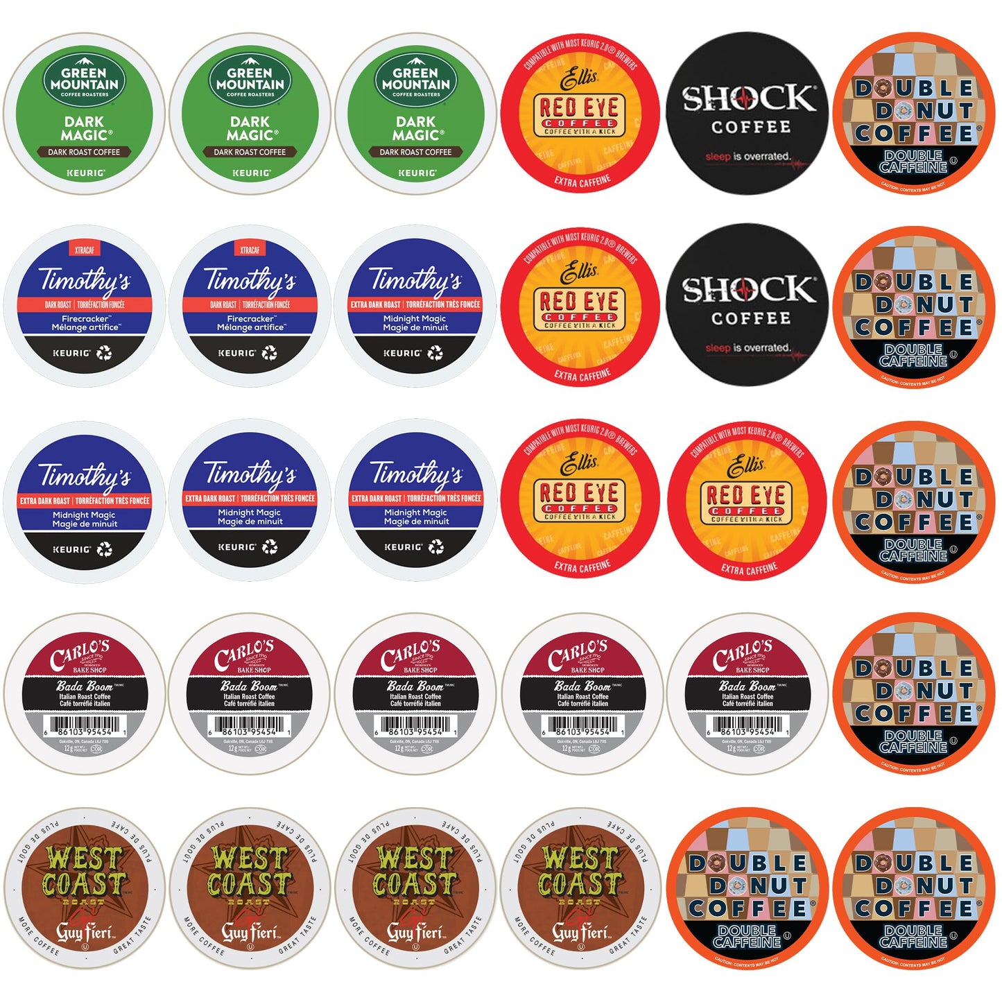 Perfect Samplers Extra Caffeine Bold Coffee Single Serve Cups, 30 Count Variety Pack for Keurig K Cup Brewers