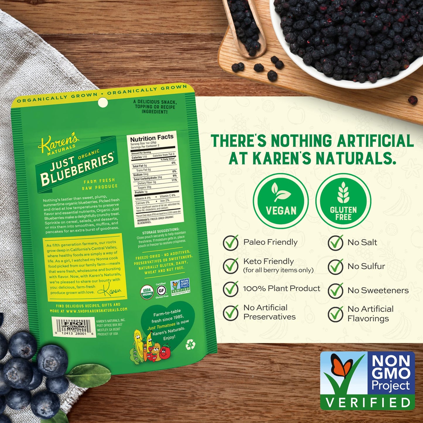 Karens Naturals Organic Freeze-Dried Blueberries, 1.8oz, Pack of 12 - Crunchy Fruit Snack, No Added Sweeteners