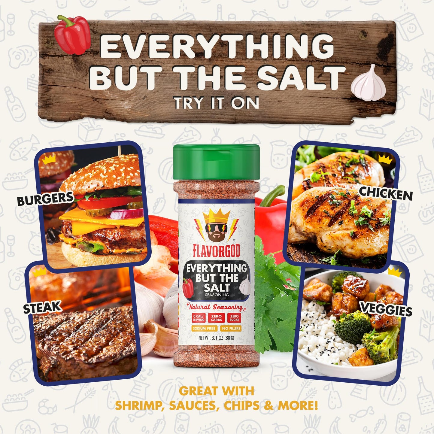 No Salt Seasoning  Everything but the Salt Seasoning by Flavor God  No Sodium  Natural  Garlic  Chili & Black Pepper  Salt Substitute  Salt Free  Spices with Flavor  Low Sodium Vegan  Popcorn  Pasta