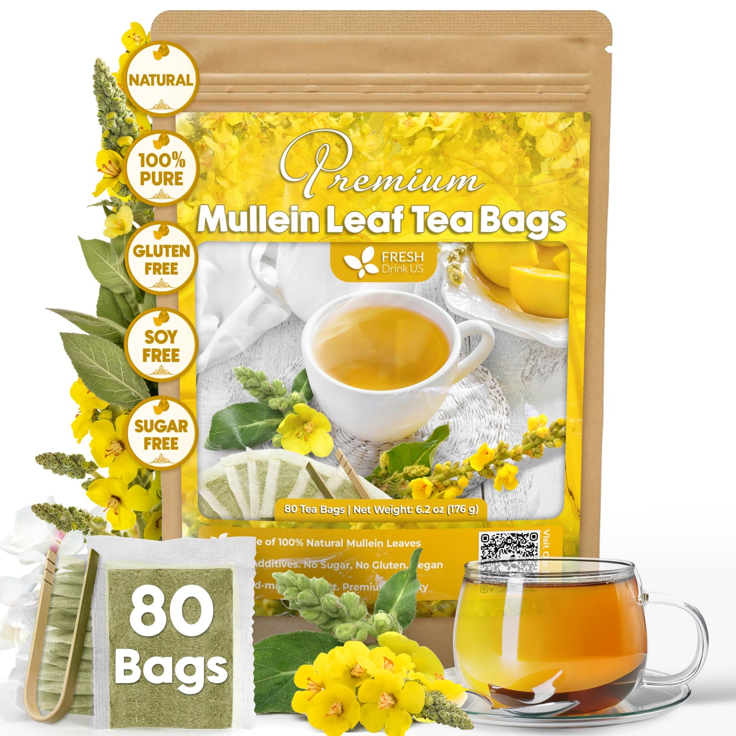 Freshdrinkus  Top-Grade 80 Mullein Leaf Tea Bags - 100% Natural  Pure  & Energy Blend-Free Herbal Tea For Lung - Loose Leaf  No Sugar  Vegan  Gluten-Free  Made With Natural Material Tea Bags