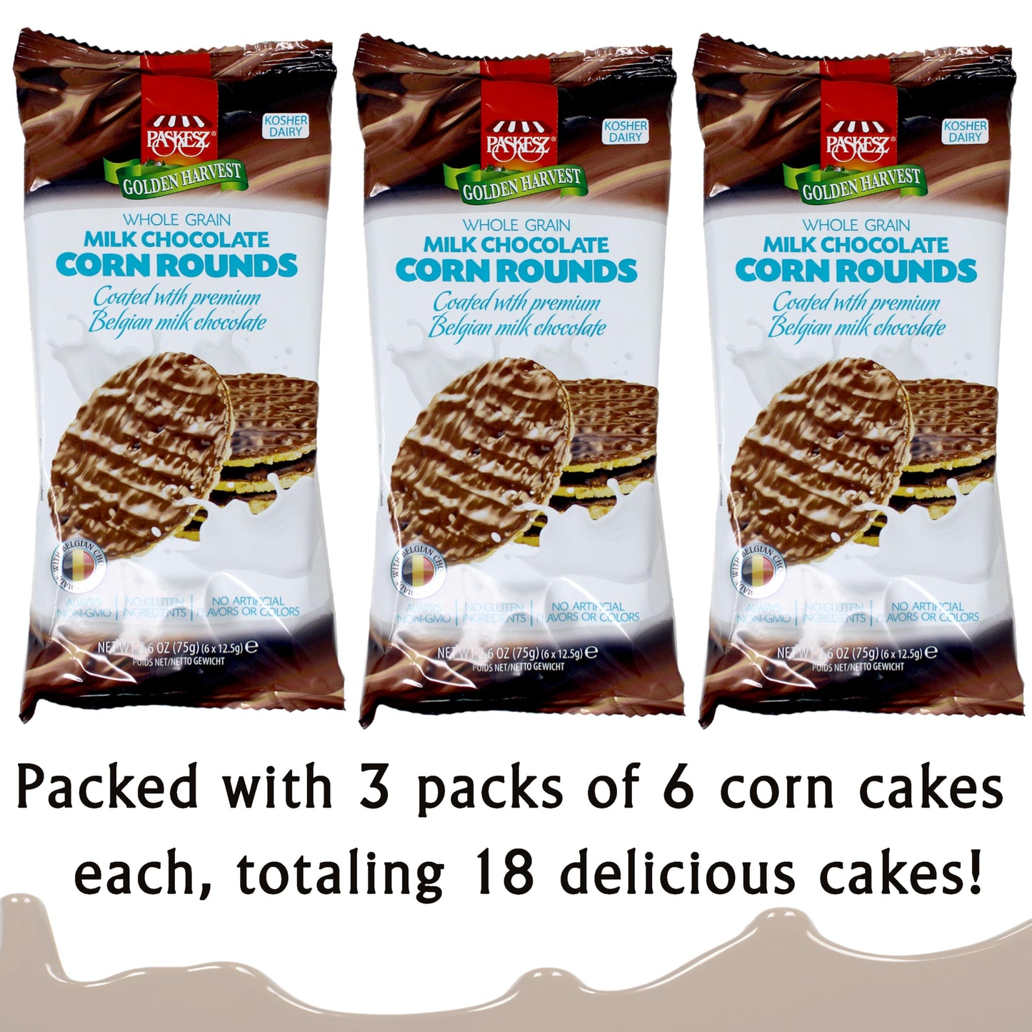 SNACKTERY Milk Chocolate Corn Cakes - Gluten Free, Low Calorie, Kosher, 18 Oz (3 Pack) - Delicious Dairy Belgian Coated Snacks