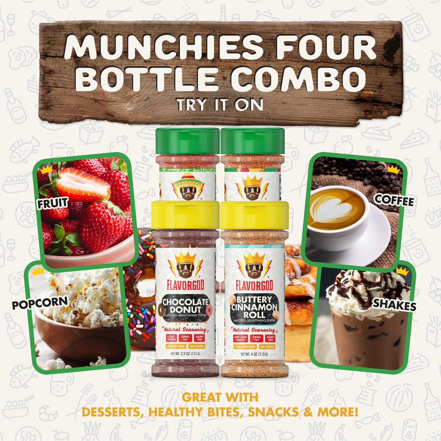 Flavor God Munchies Combo Pack Of 4, Seasoning Gift Set, Taco Tuesday, Pizza, Buttery Cinnamon Roll, Chocolate Donut, Natural He