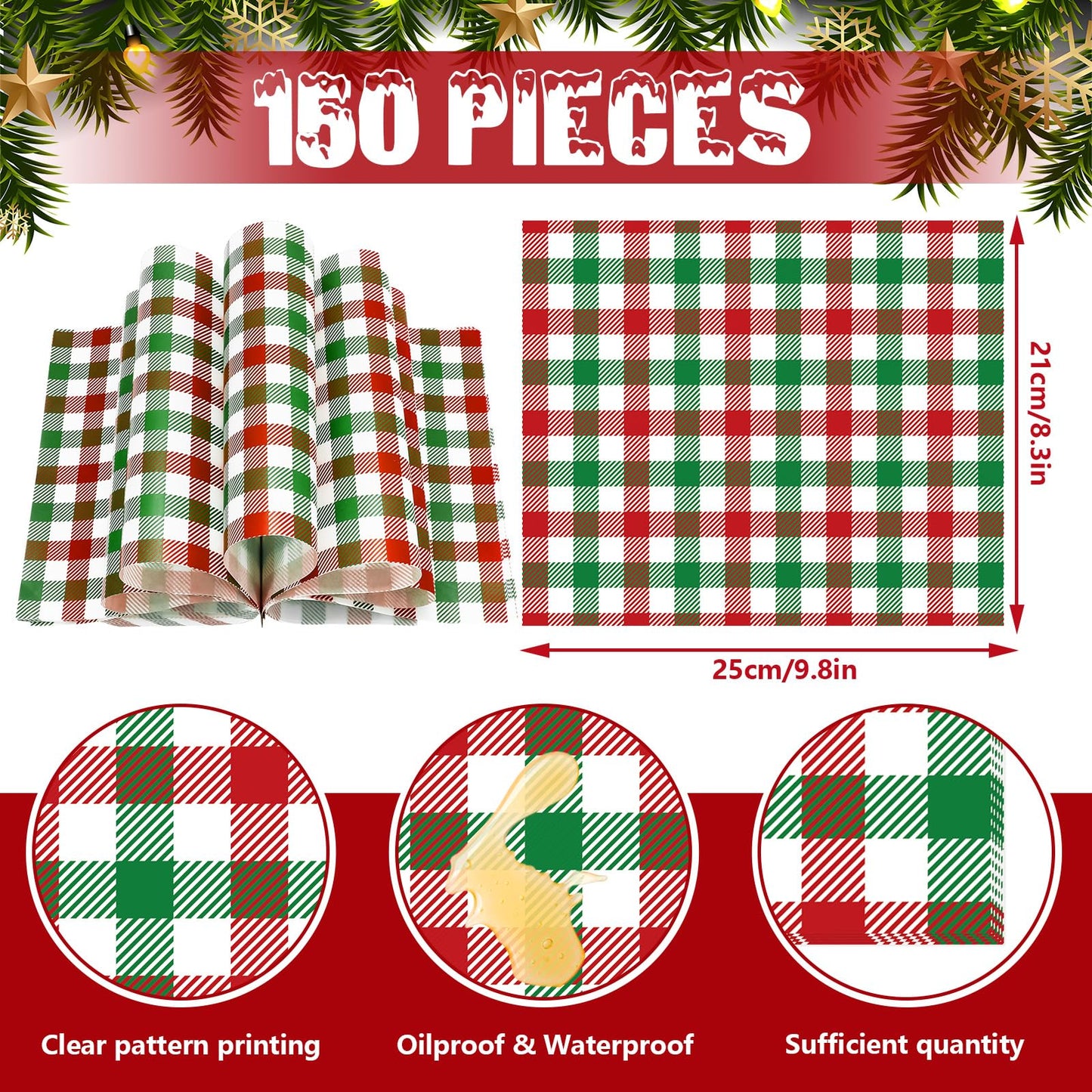JarThenaAMCS Christmas Plaid Wax Deli Paper, 150 Pcs, 9.8 x 8.3 inch, Waterproof Sandwich Wrap for Winter Party Kitchen Supplies