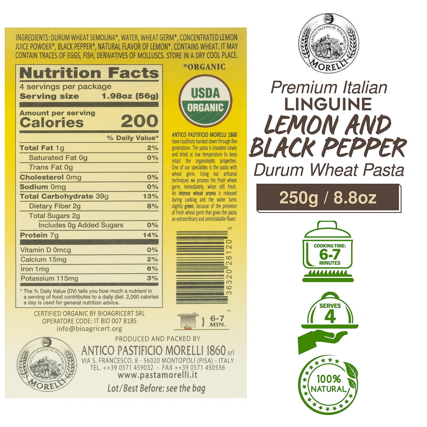 Morelli Lemon Pepper Linguine Pasta With Wheat Germ - Linguine Organic Pasta - Naturally Flavored Pasta Made In Italy - Imported