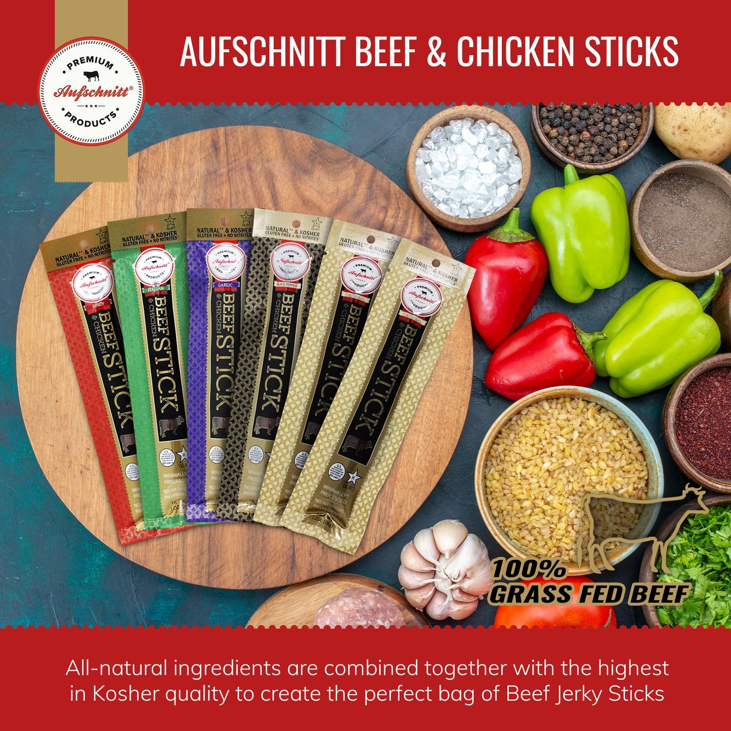 Aufschnitt Grass Fed Beef Jerky Sticks - Low Sodium, Certified Kosher - Halal And Keto Friendly - 6 Pack, Variety