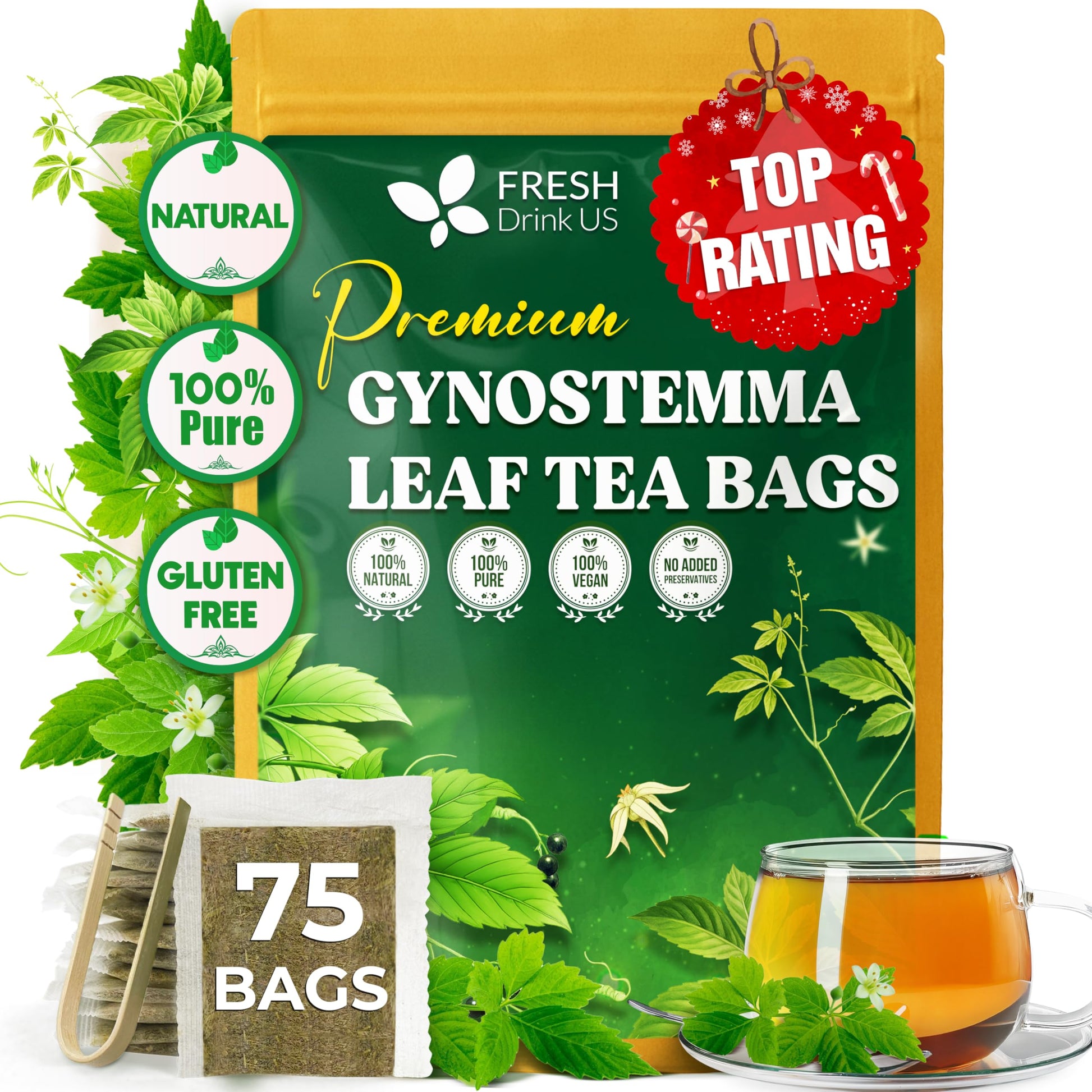 Freshdrinkus  Top-Grade Gynostemma Tea Bags (Jiaogulan) | 75 Count | Naturally Smooth & Earthy Energy Blend-Free Herbal Tea - Plant-Based Tea Bags For Daily Enjoyment. Energy Blend Free  Sugar Free. Vegan