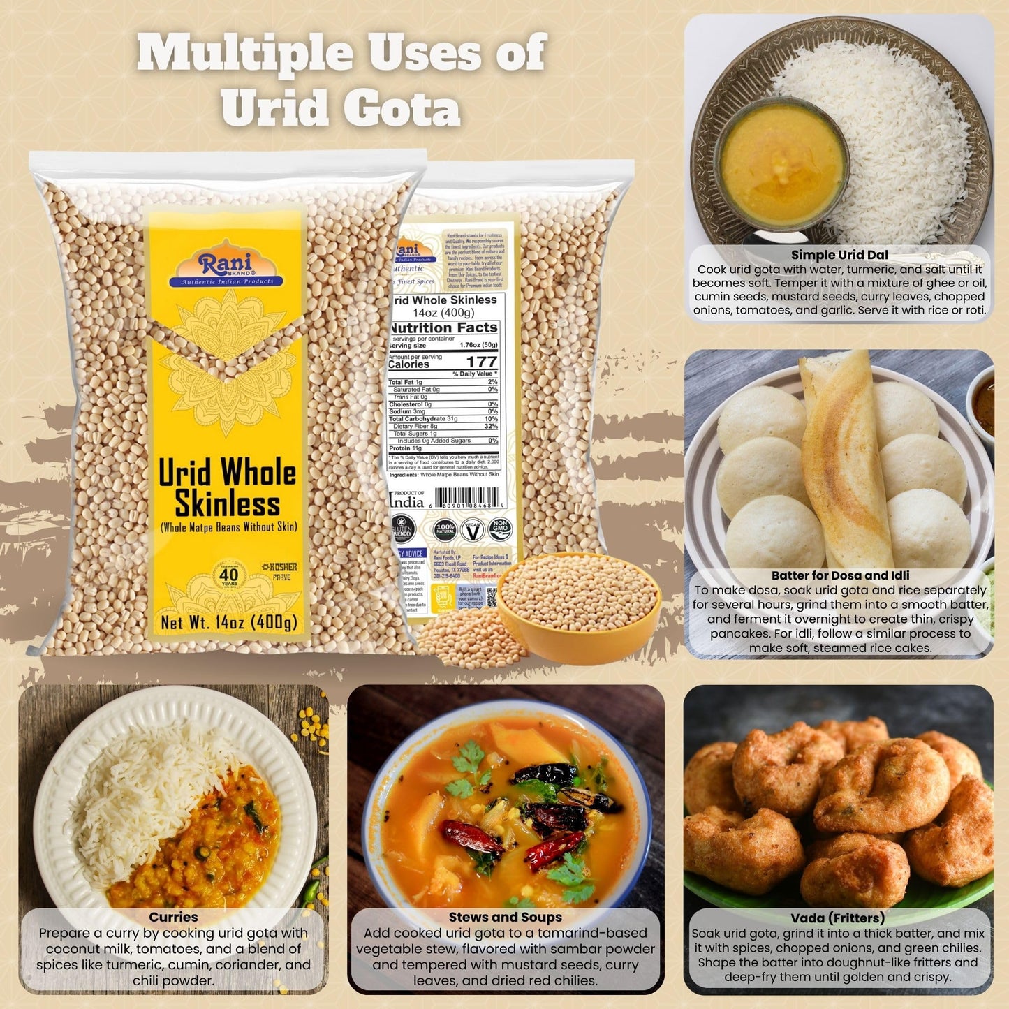 Rani Urid/Urad Gota White (Matpe Beans Skinless) Indian Lentils 14Oz (400G) ~ All Natural | Gluten Friendly | Non-Gmo | Kosher |