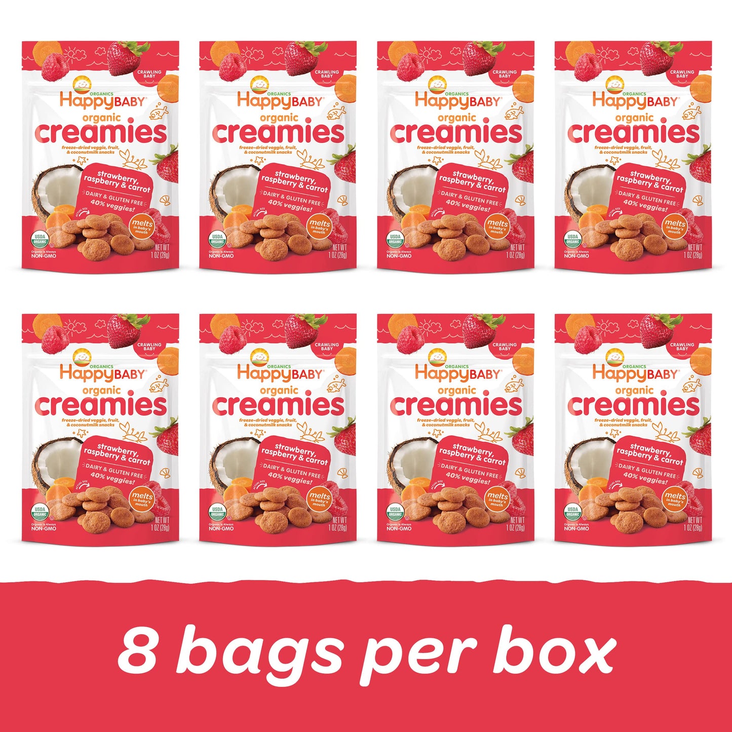 Happy Baby Organics Creamies Freeze-Dried Veggie & Fruit Snacks With Coconut Milk Strawberry Raspberry & Carrot, 1 Ounce (Pack O