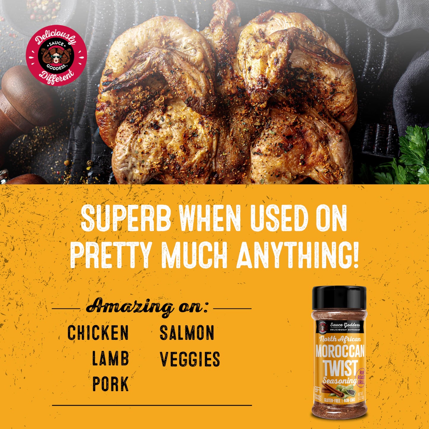 Sauce Goddess Moroccan Twist Spice Shaker, Exotic Blend with Cardamom & Cinnamon, Gluten-Free, Low Sodium, 5oz