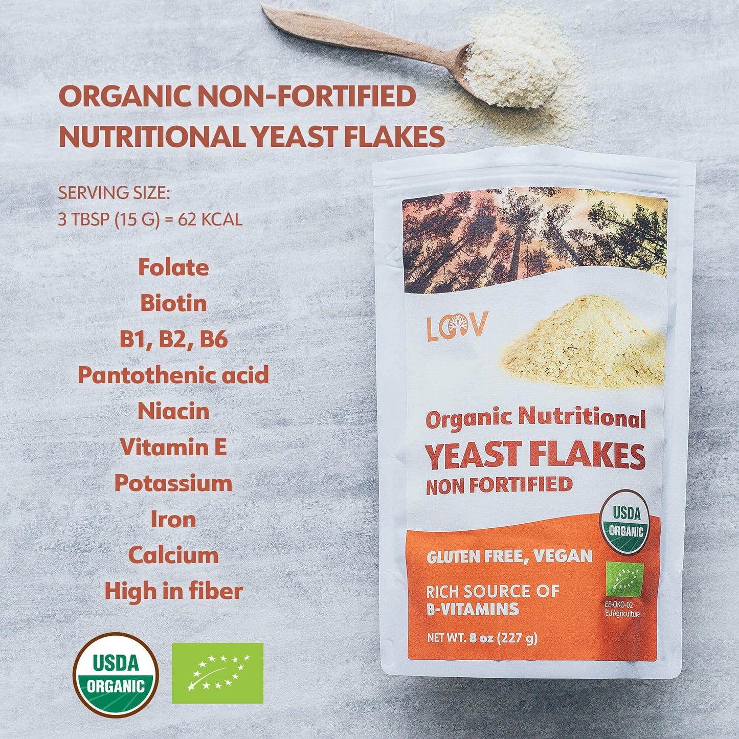 LOOV Organic Non-Fortified Nutritional Yeast Flakes - Vegan, Gluten Free, Non-GMO Unfortified Nooch - Good Source of Natural B-V