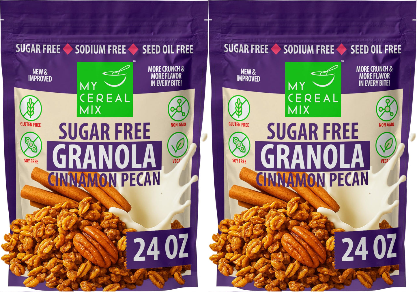 MyCerealMix Sugar Free Cinnamon Pecan Granola - 2 Pack (48oz Total) - Vegan, Gluten Free - Diabetic Friendly Granola for Yogurt 