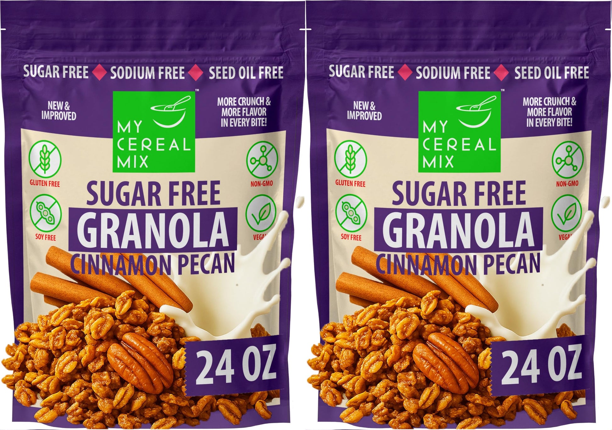 MyCerealMix Sugar Free Cinnamon Pecan Granola - 2 Pack (48oz Total) - Vegan, Gluten Free - Diabetic Friendly Granola for Yogurt 