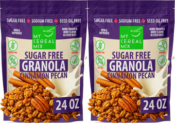 MyCerealMix Sugar Free Cinnamon Pecan Granola - 2 Pack (48oz Total) - Vegan, Gluten Free - Diabetic Friendly Granola for Yogurt 