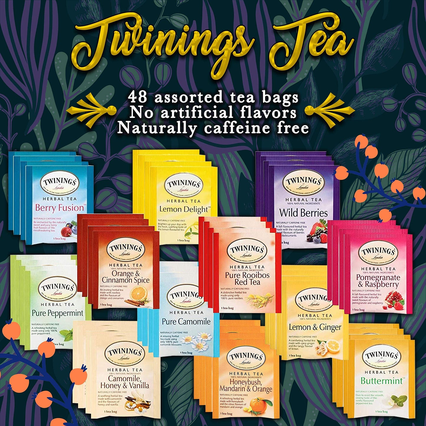 Twinings 48 Tea Bags Herbal Variety Pack  Bundle with 20 Flavored Honey Sticks - 12 Flavors Caffeine-Free Individually Wrapped Teas for Gift Basket  Office  Lobby Refreshments
