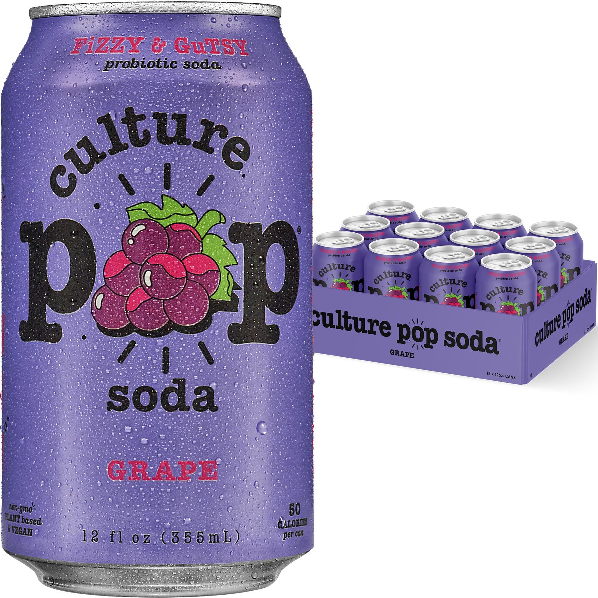 Culture Pop Grape Probiotic Soda, Low Sugar, Non-GMO, Gluten-Free, 12 Fl Oz (Pack of 12)