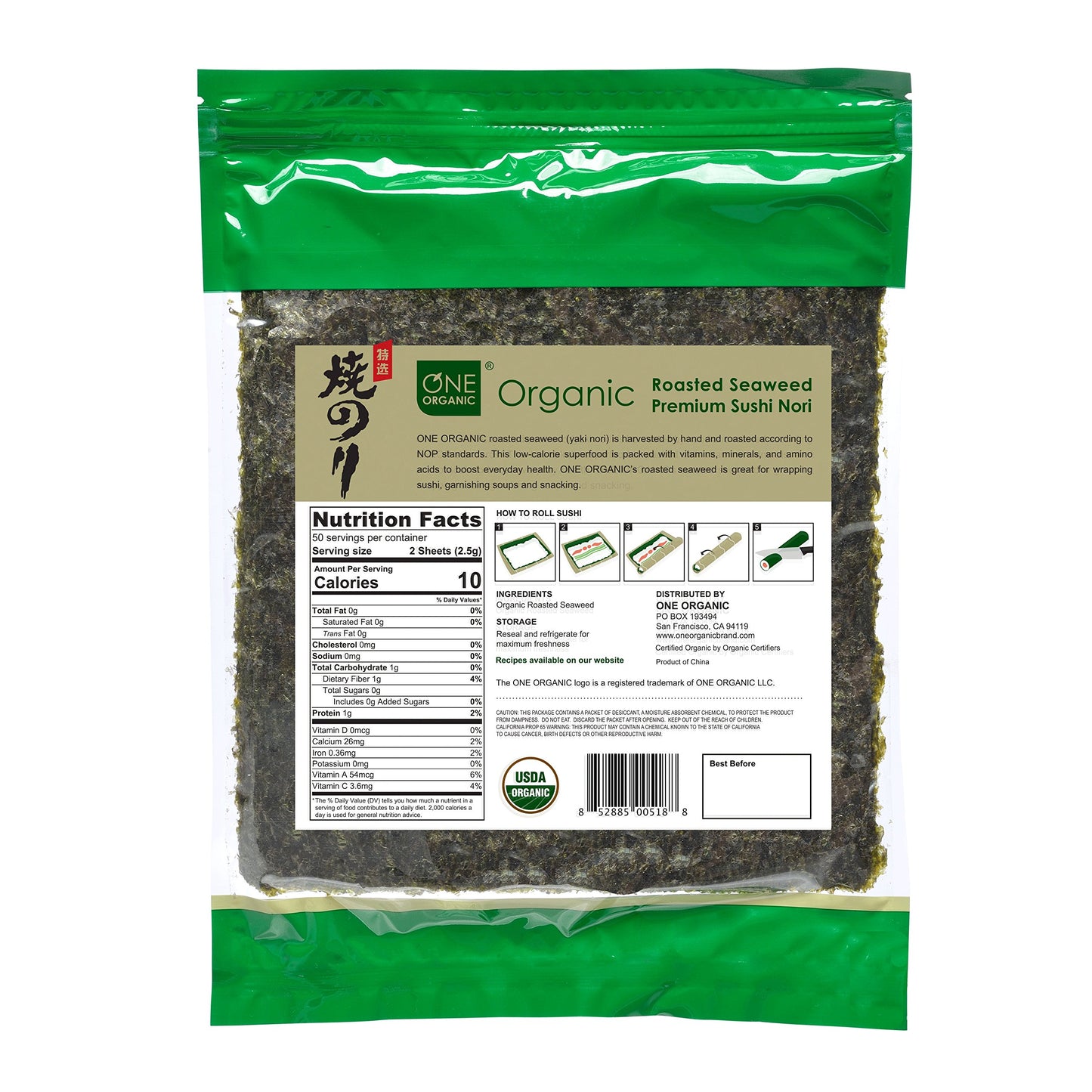 One Organic Sushi Nori Premium Roasted Organic Seaweed (50 Full Sheets)