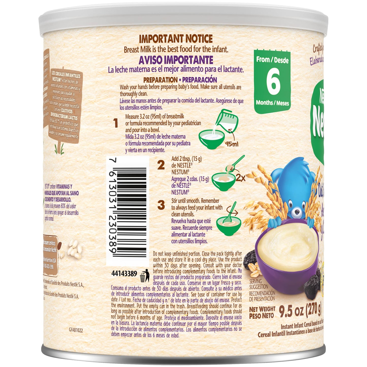 Nestle Nestum Infant Cereal, Oat, Rice & Prune, Made For Infants 6 Months, 9.5 Ounce Canister (Pack Of 1)