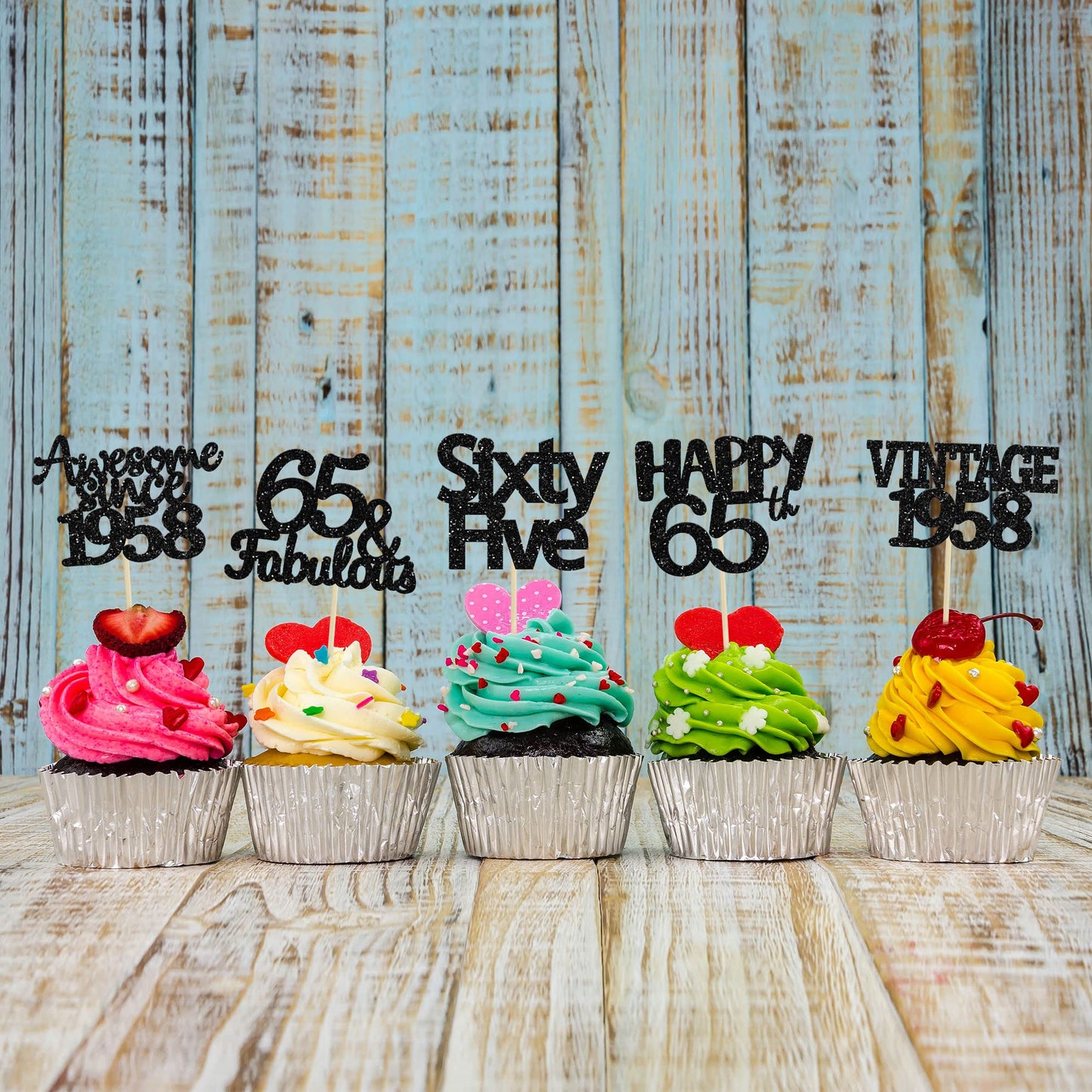 Gyufise 30 Pack Gold Glitter 65th Birthday Cupcake Toppers Vintage 1958 Cake Toppers Hello 65 Cake Topper Sixty Five 65 & Fabulo