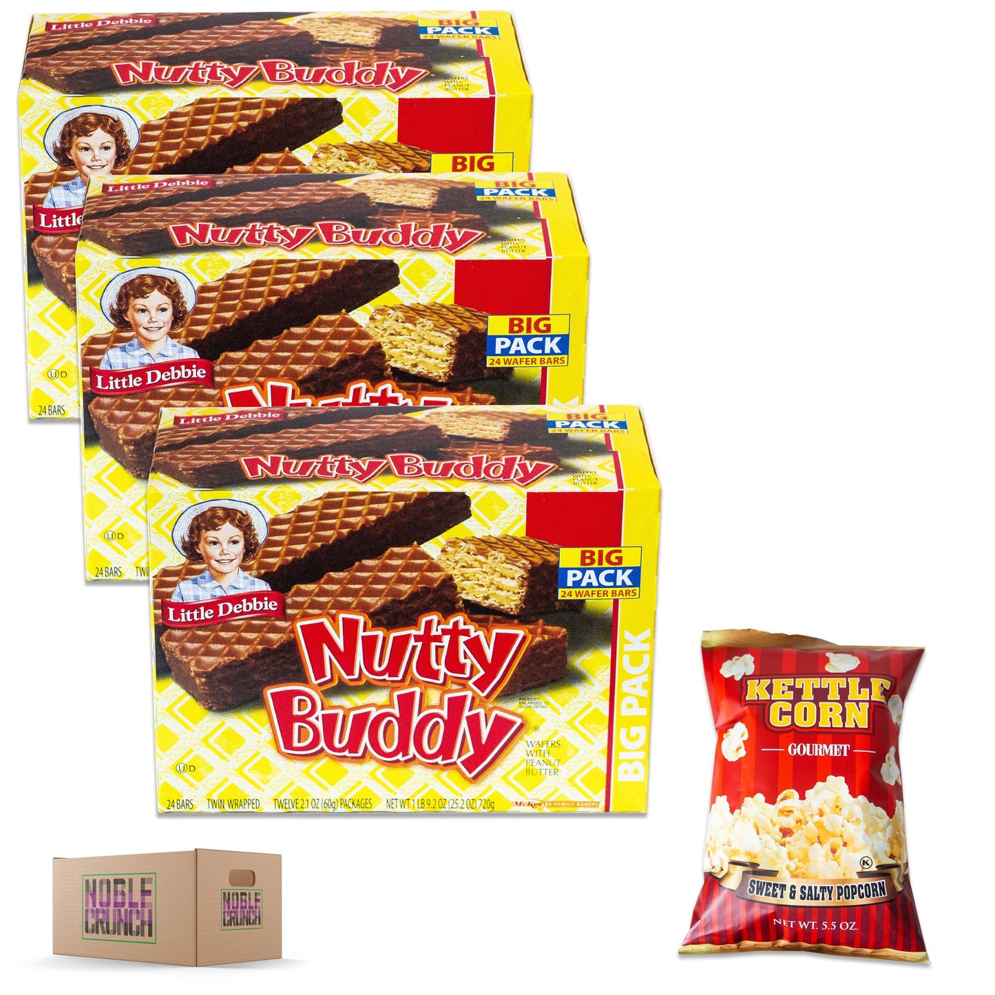 Little Debbie Nutty Buddy (3, 24ct packs) - Sweet and Salty Kettle Corn (5.5oz) - 4 Items Total