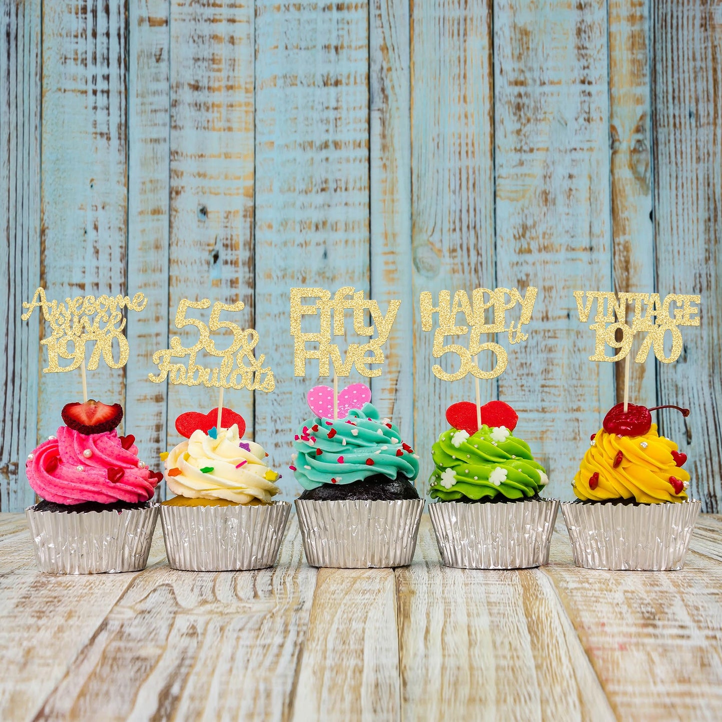 Gyufise 30Pcs Gold Glitter Vintage 1968 Cupcake Toppers Glitter 55 Fabulous Happy 55 Cheers To 55 Years Birthday Cupcake Picks 5