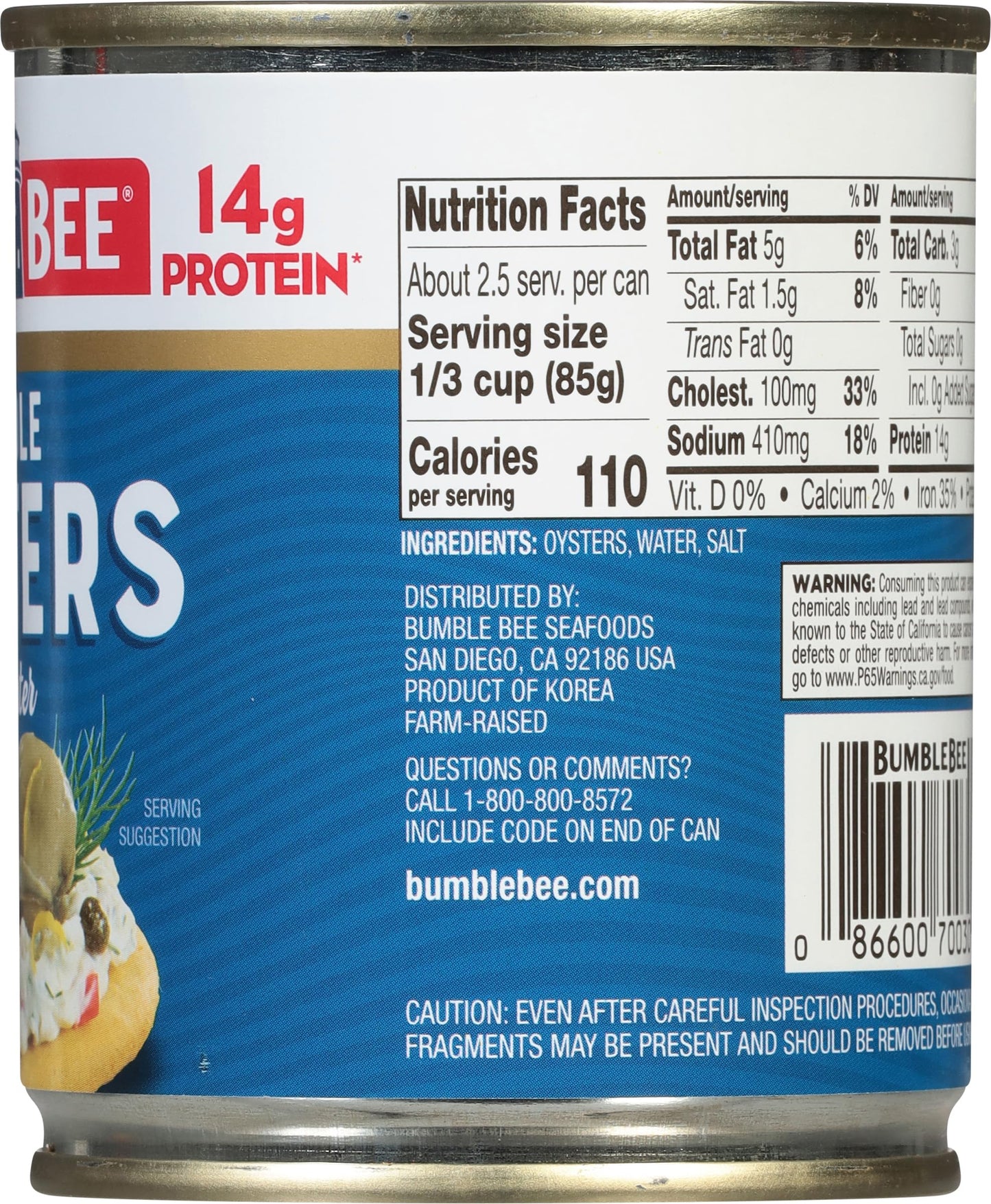 Bumble Bee Premium Select Whole Canned Oysters, 8 Oz Cans (Pack Of 12) - Ready To Eat - 14G Protein Per Serving - Gluten Free