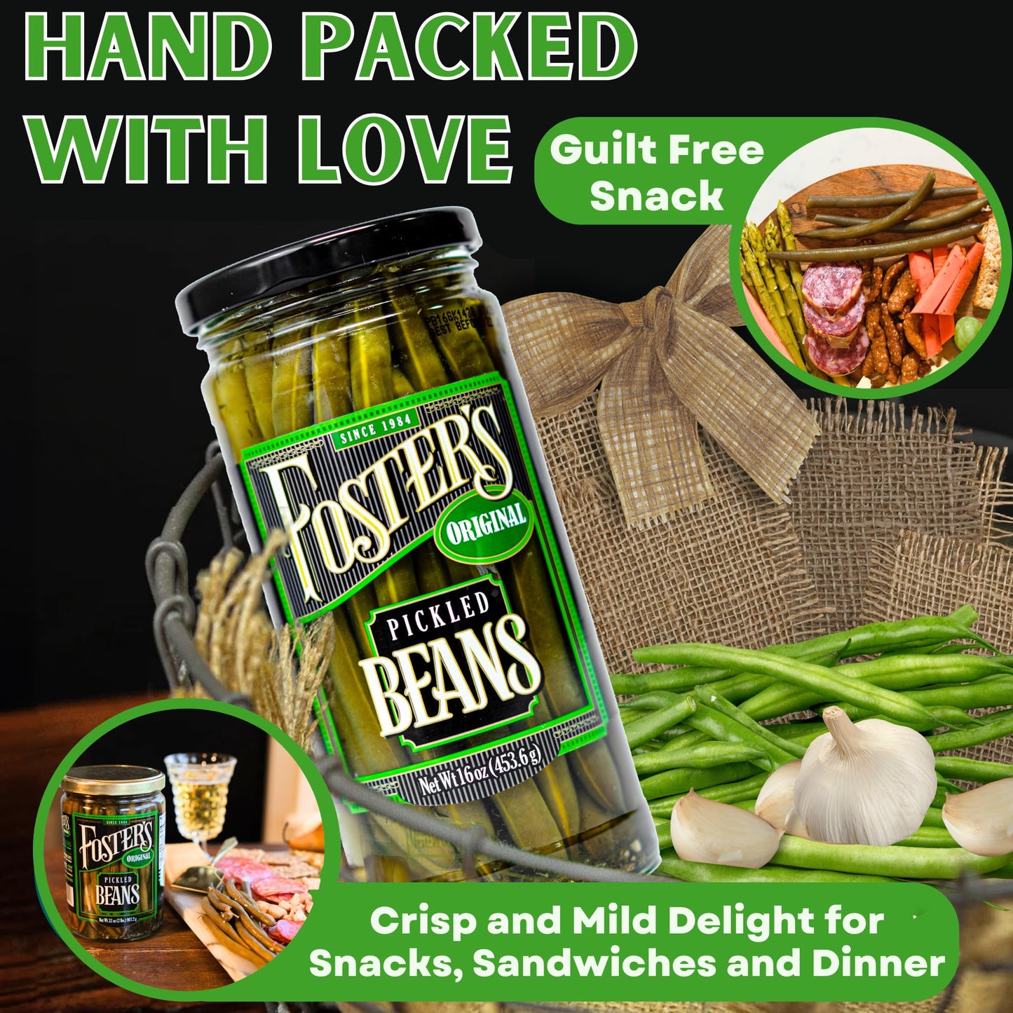 Fosters Pickled Green Beans in a Jar, Original, 16oz, 2 Pack, Traditional Pickled Vegetables Recipe for over 40 years, Low Calo