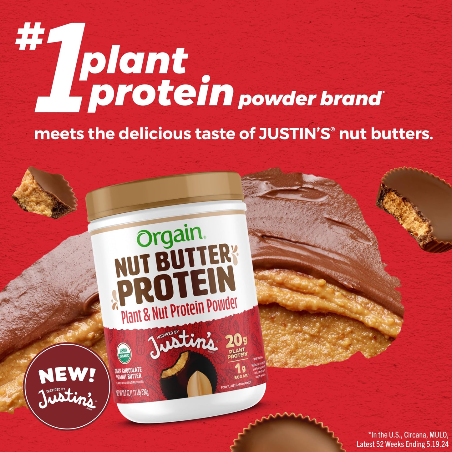 Orgain X Justin'S  Organic Vegan Nut Butter Protein Powder, Chocolate Peanut Butter- 20G Plant Protein, 1G Sugar, Gluten Free, N