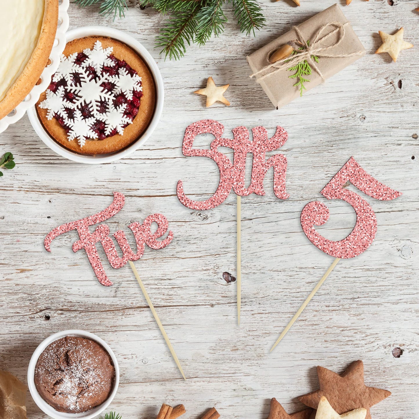 24Pcs Five Cupcake Toppers Glitter 5th Birthday Cupcake Picks for Baby Shower Fifth Birthday Party Cake Decorations Supplies Ros