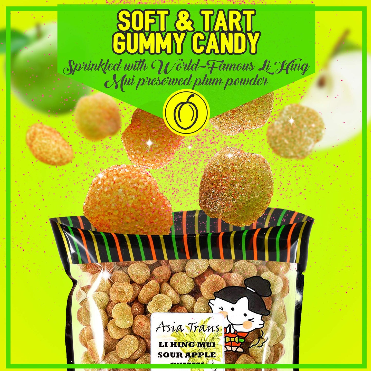 Asia Trans & Co. Sour Apple Gummies with Li Hing Mui Plum Powder, 12oz, Sweet & Sour Soft Gummy Candy