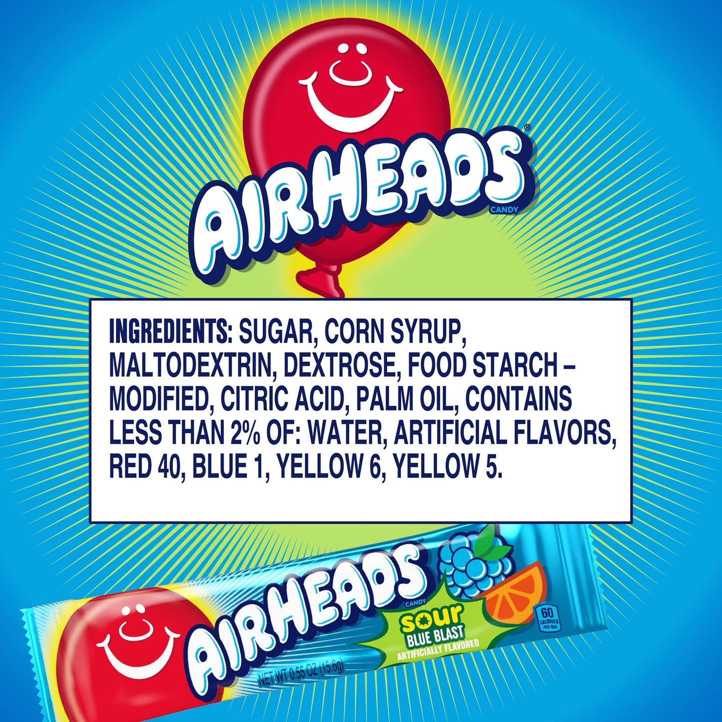Airheads Sour Candy Bars, Sour Blue Blast Flavored, Bulk, Concessions, Parties, Pack Of 36 Bars