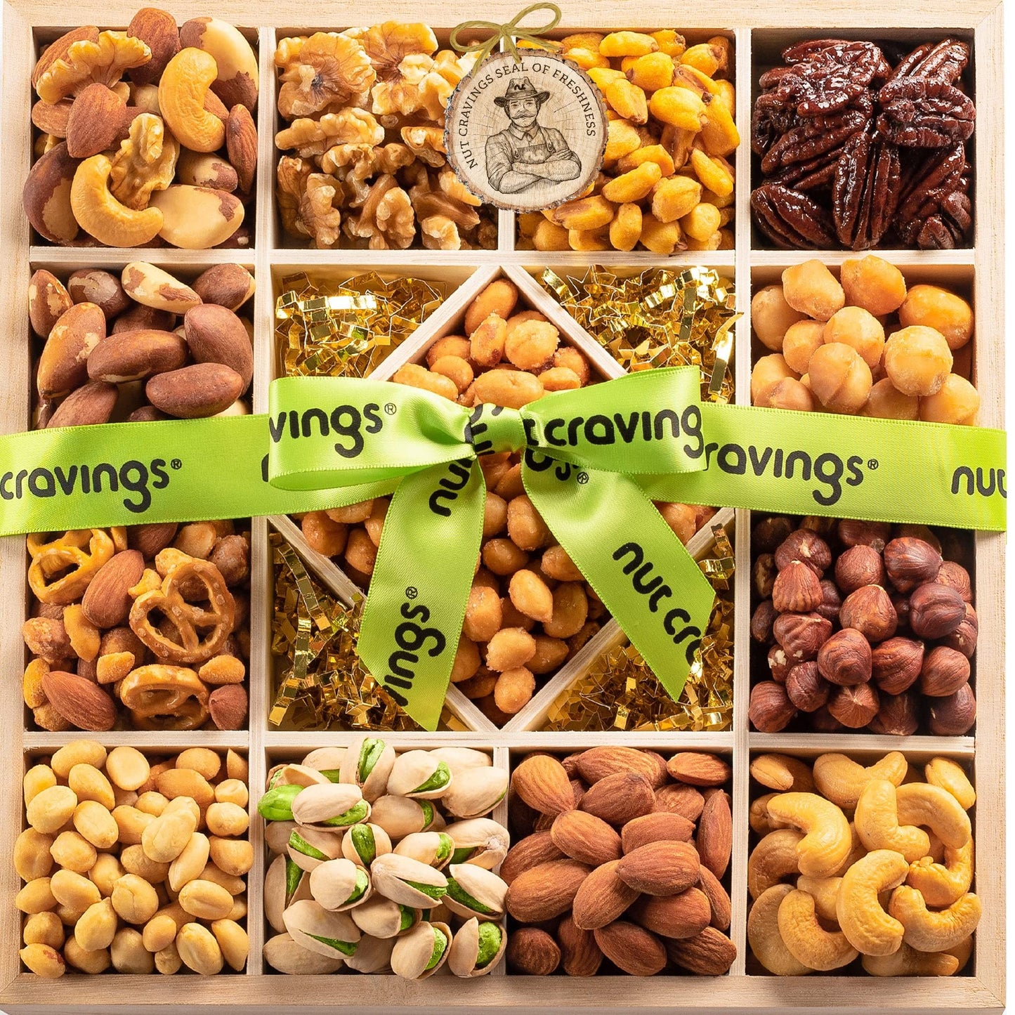 Nut Cravings - Thanksgiving Mixed Nuts Gift Basket In Reusable Diamond Wooden Tray + Green Ribbon (13 Assortments) Holiday Xmas Christmas Food Arrangement Healthy Snack Care Package