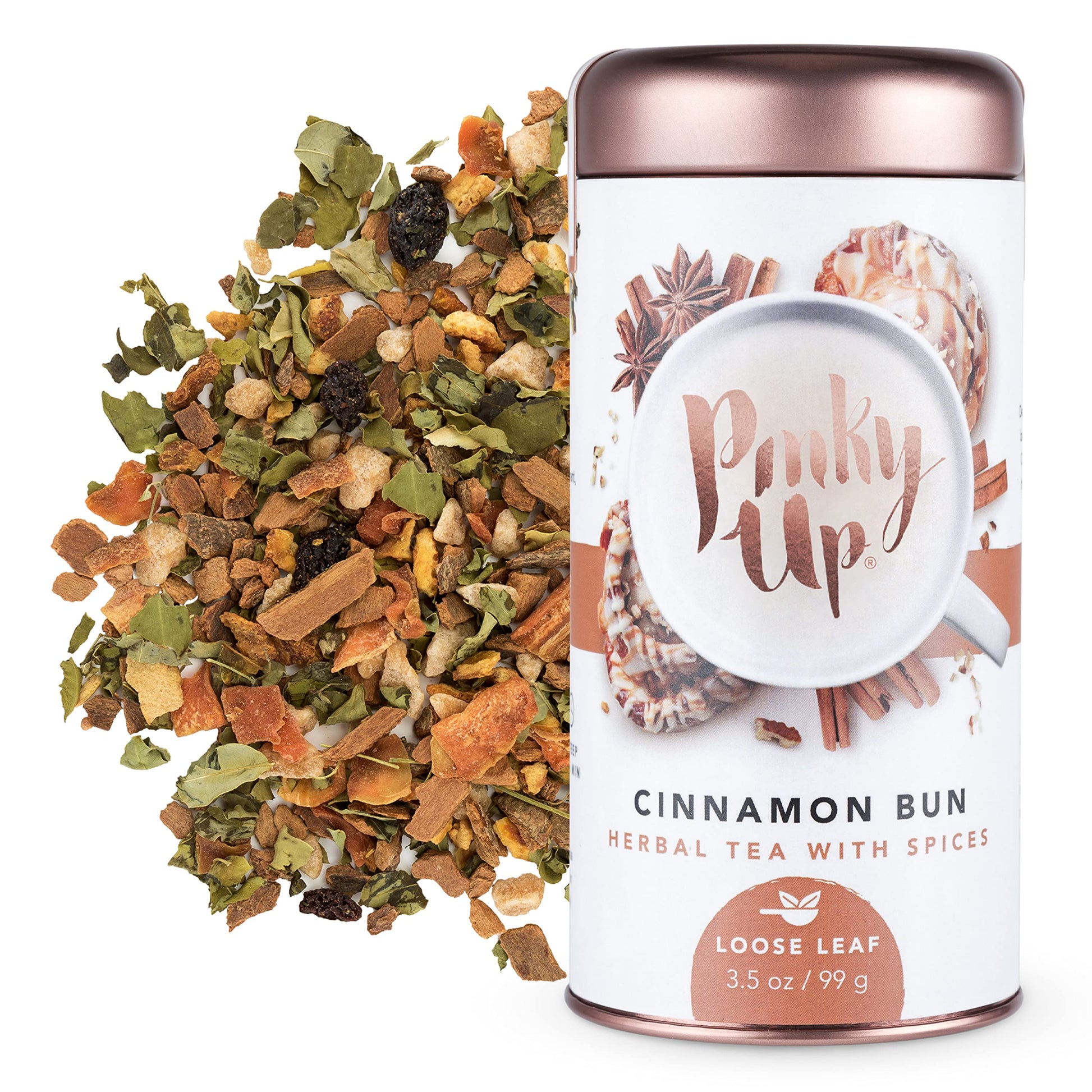 Pinky Up Cinnamon Bun Herbal Tea, Caffeine Free, 3.5 Ounce Tin, White, 25 Servings, Model 5408
