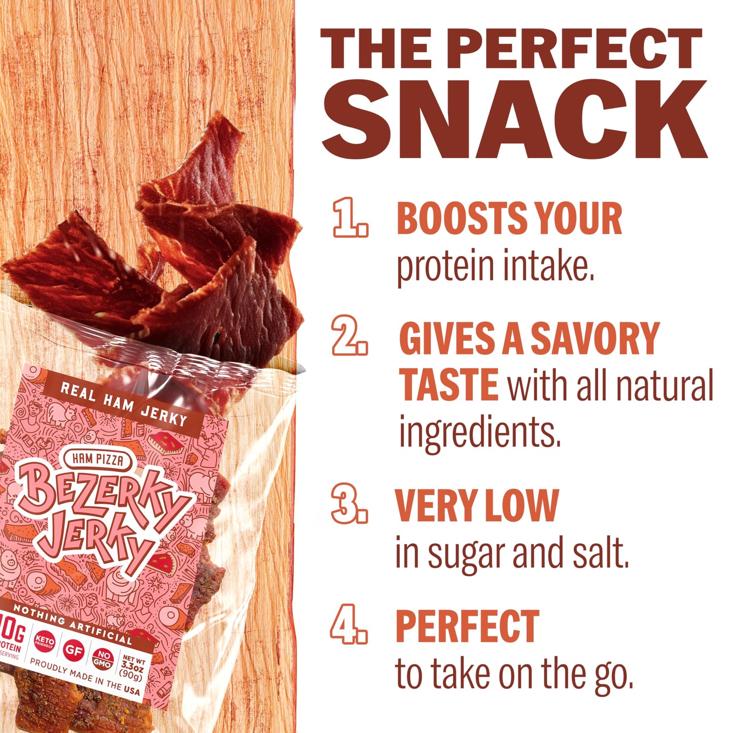 Bezerky Jerky Premium Ham Jerky - Gluten-Free, Non-GMO, Low Fat, High Protein, 3.3 Ounce, Small Batch, Ideal for Camping and Backpacking