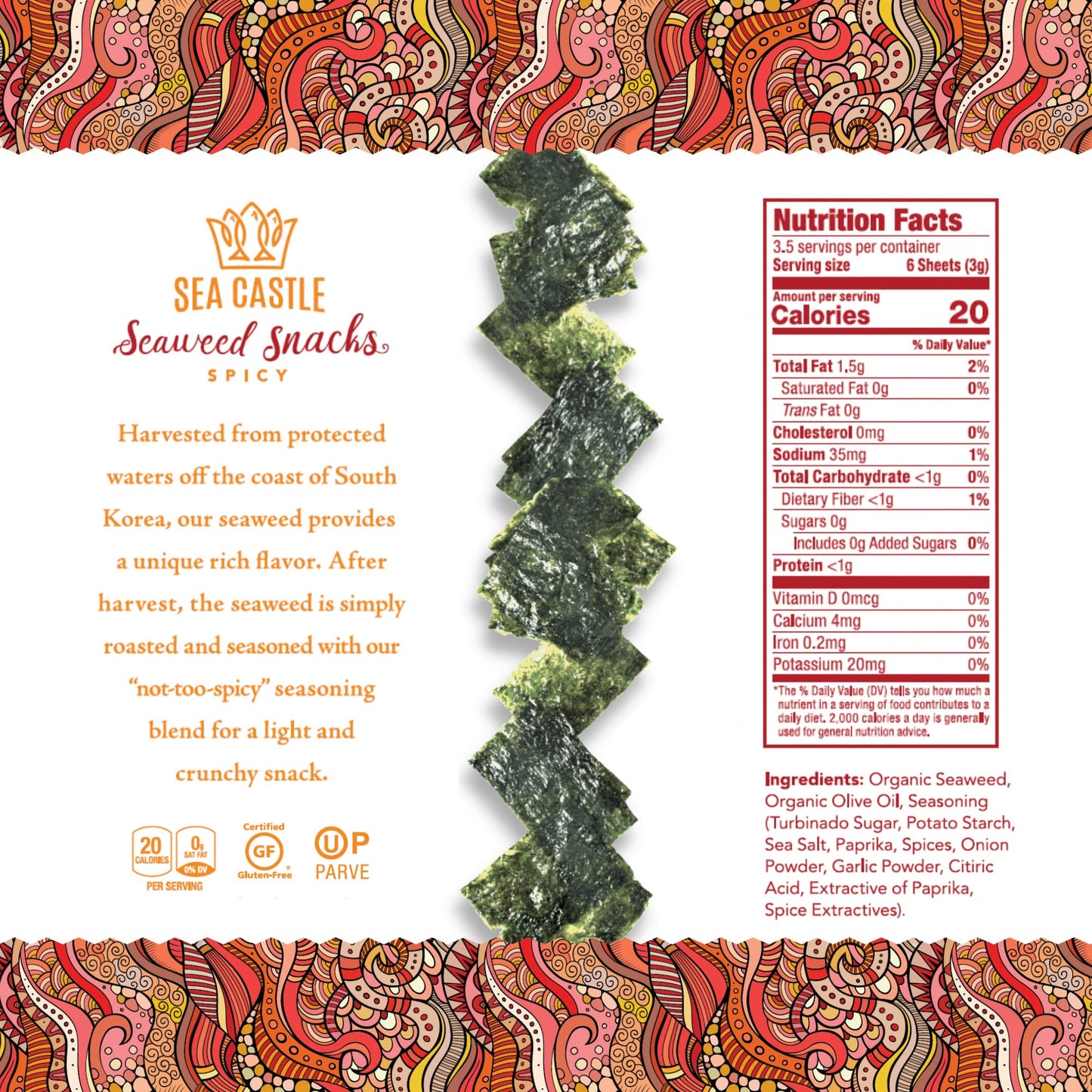 Sea Castle Roasted Spicy Seaweed Snack, .35 Oz. (6 Pack) Gluten Free, Made with Organic Seaweed, Keto Friendly, Kosher