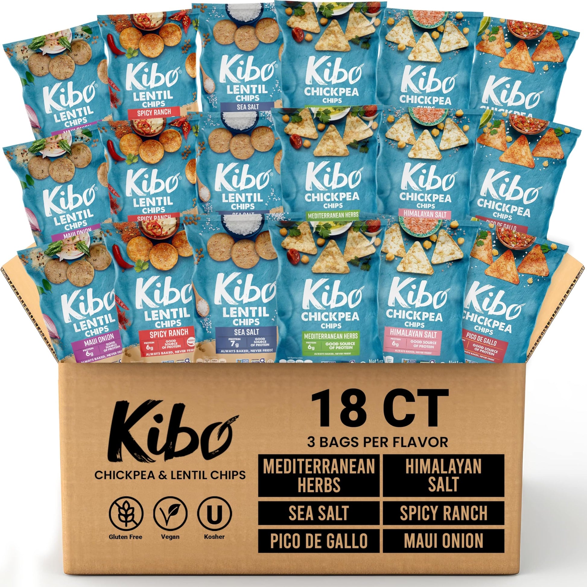 Kibo Chickpea & Lentil Chips Variety Pack: Savory, Plant-Based Protein Chips Nutritious, Vegan & Guilt-Free Snacking - Low-Carb,
